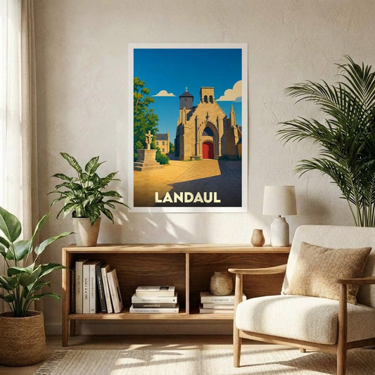 Affiche souvenir de la ville de Landaul avec une illustration stylisée de son église sous un ciel bleu.