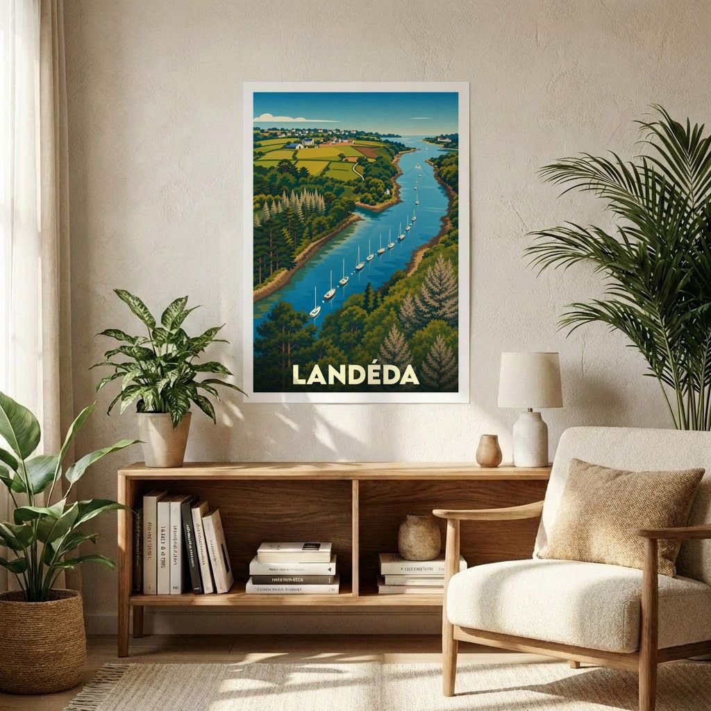 Affiche souvenir de la ville de Landéda avec une illustration stylisée d'un bras de mer et de voiliers.