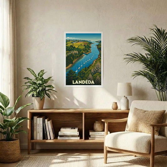Affiche souvenir de la ville de Landéda avec une illustration stylisée d'un paysage côtier breton.
