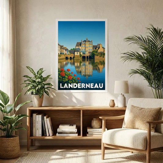 Affiche souvenir de la ville de Landerneau avec une illustration stylisée de son architecture emblématique sur l'eau.