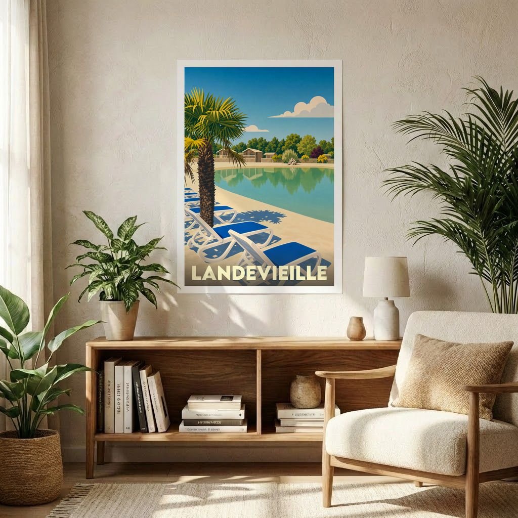 Affiche souvenir de la ville de Landevieille illustrant une piscine bordée de palmiers dans un style vintage.