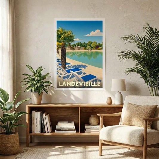 Affiche souvenir de la ville de Landevieille illustrant une piscine bordée de palmiers dans un style vintage.