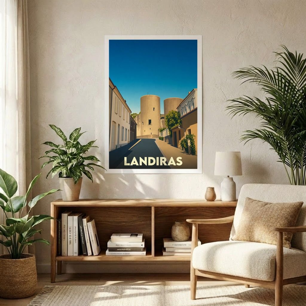 Affiche souvenir de la ville de Landiras présentant une illustration stylisée de ses rues et monuments historiques.