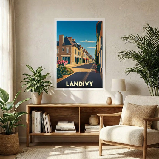 Affiche souvenir de la ville de Landivy avec une illustration stylisée d'une rue ensoleillée.