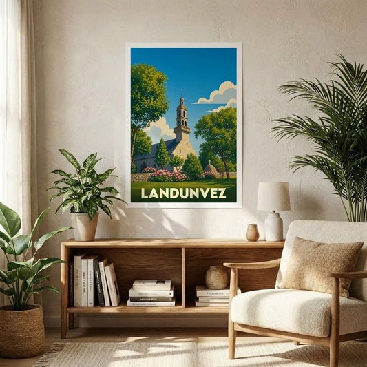 Affiche souvenir de la ville de Landunvez avec une illustration stylisée d'une église bretonne.