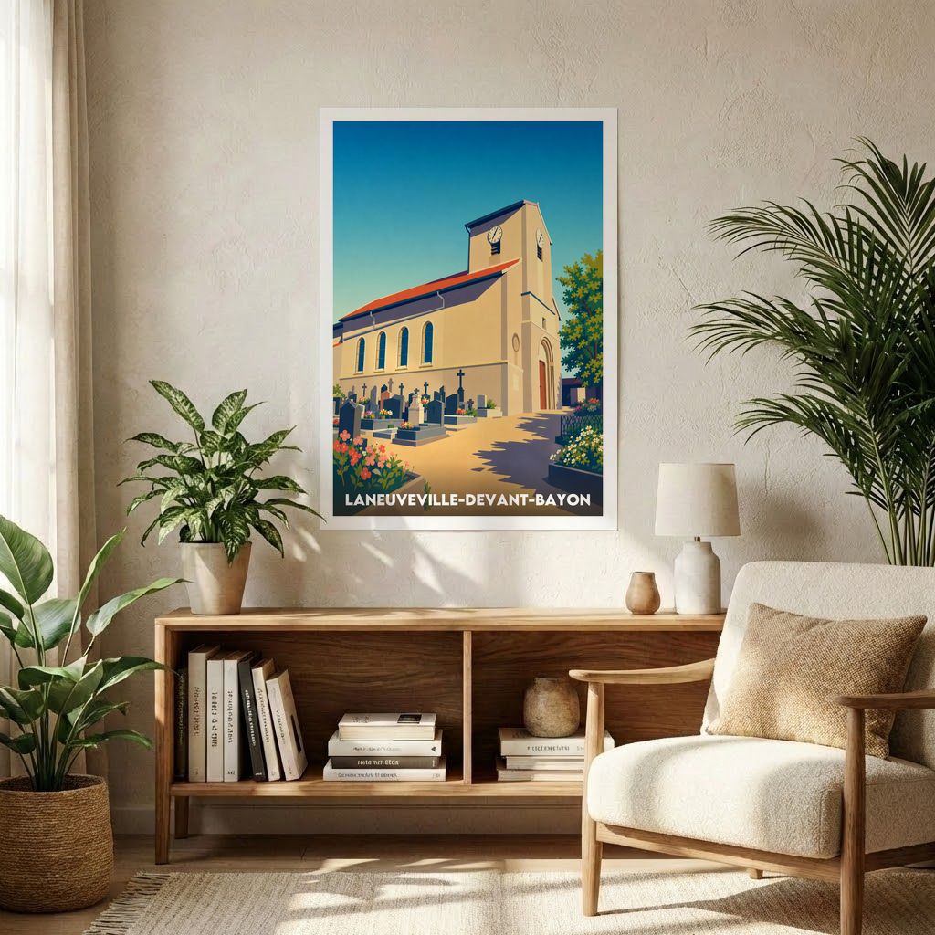 Affiche souvenir de la ville de Laneuveville-devant-Bayon avec une illustration stylisée de son église.
