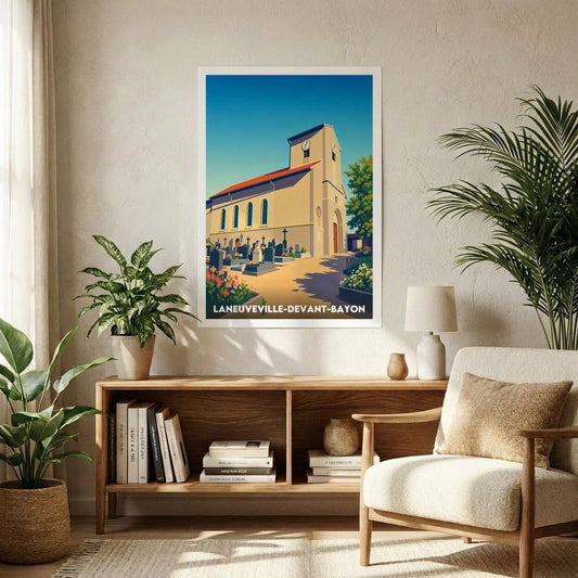 Affiche souvenir de la ville de Laneuveville-devant-Bayon avec une illustration stylisée de son église.