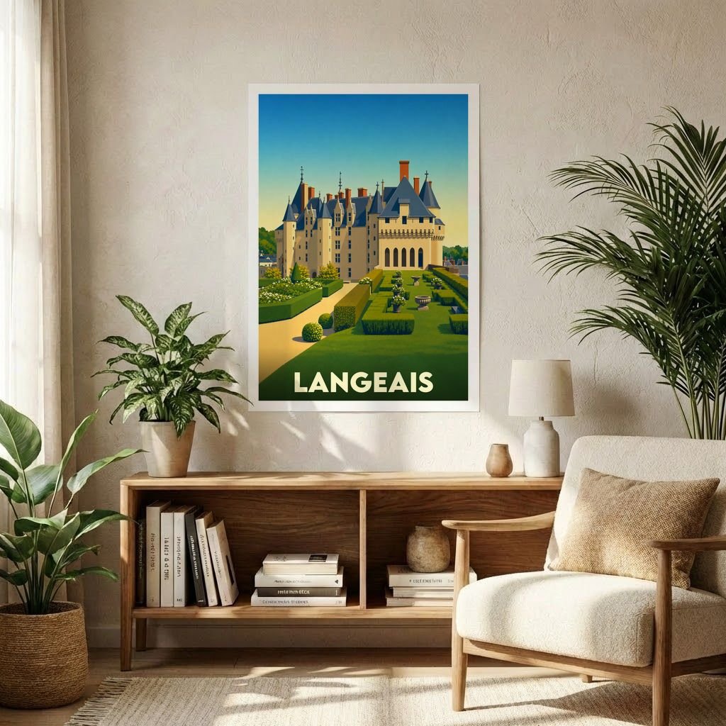 Affiche souvenir de la ville de Langeais représentant son château et ses jardins avec une illustration stylisée.