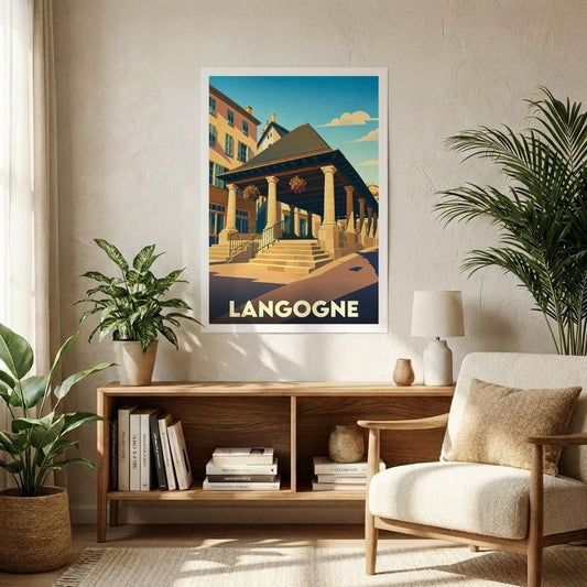 Affiche souvenir de la ville de Langogne avec une illustration stylisée et colorée.