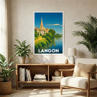 Affiche souvenir de la ville de Langon avec une illustration stylisée et colorée.