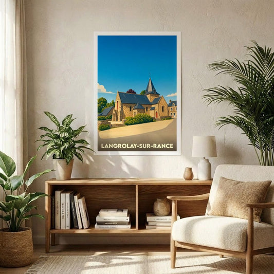 Affiche souvenir de la ville de Langrolay-sur-Rance illustrant son église dans un style vintage épuré.