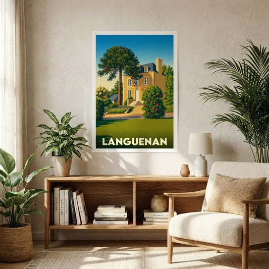 Affiche souvenir de la ville de Languenan avec une illustration stylisée d'une maison de maître bretonne.