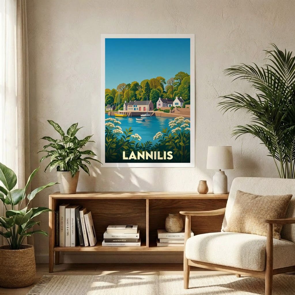 Affiche souvenir de la ville de Lannilis représentant un port breton paisible avec une illustration stylisée.
