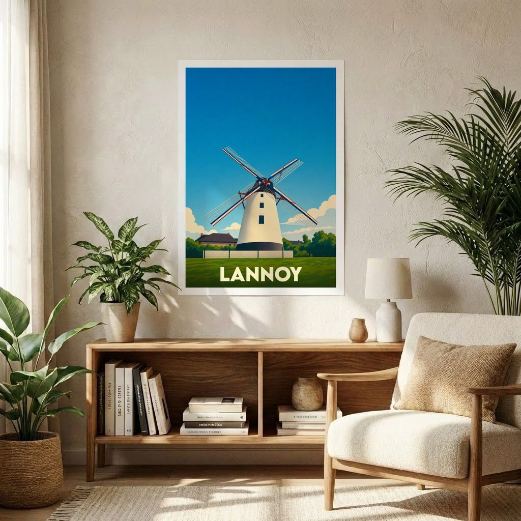 Affiche souvenir de la ville de Lannoy illustrant un moulin à vent dans un style graphique épuré.