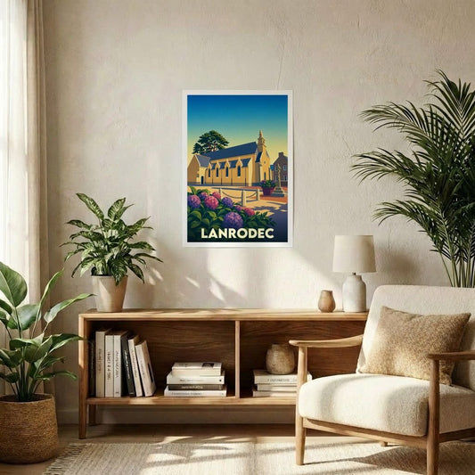 Affiche souvenir de la ville de Lanrodec avec une illustration stylisée d'une église sous un ciel azur.