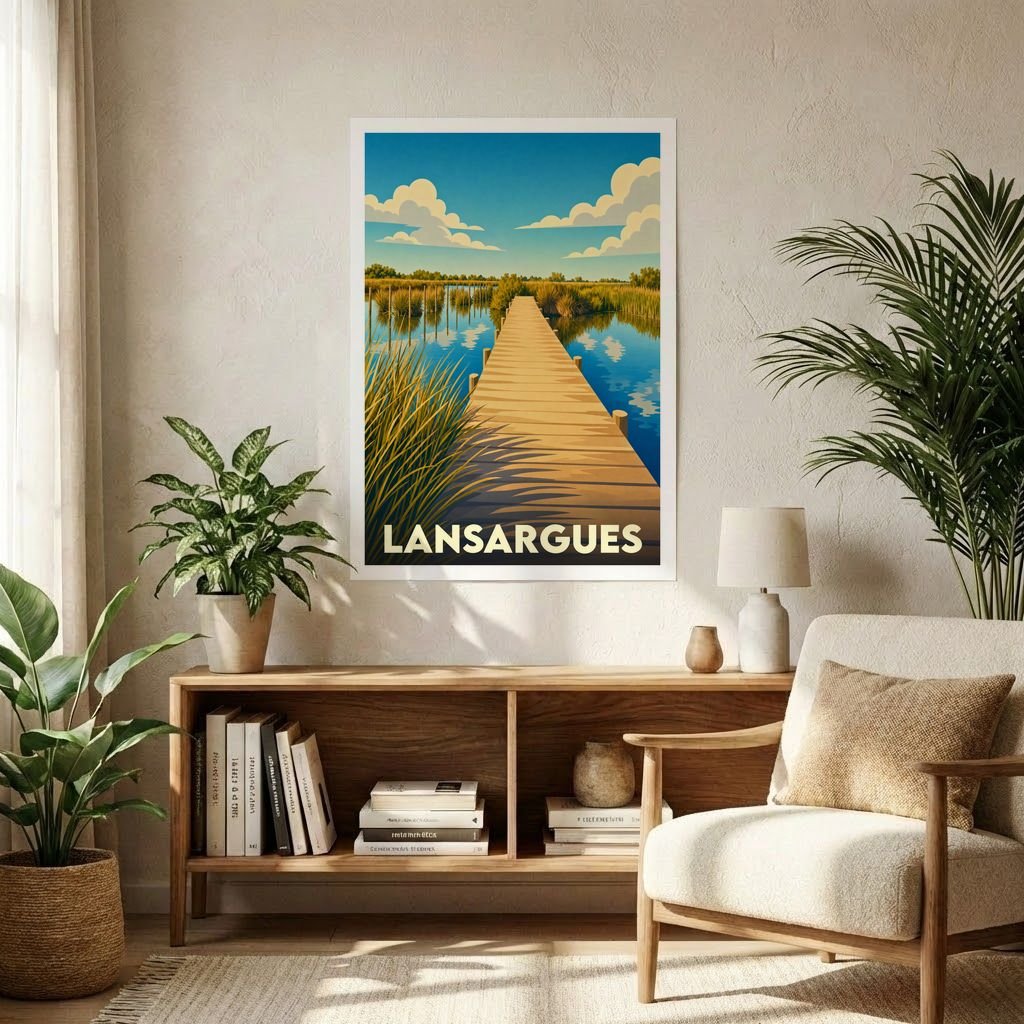 Affiche souvenir de la ville de Lansargues représentant un ponton en bois traversant des marais sous un ciel ensoleillé.