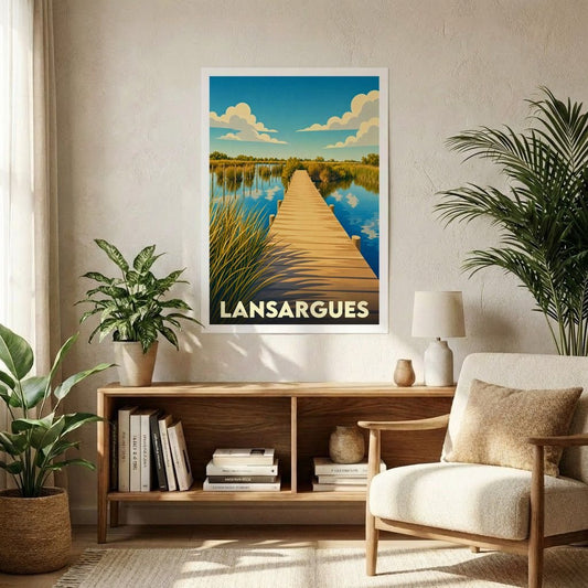 Affiche souvenir de la ville de Lansargues représentant un ponton en bois traversant des marais sous un ciel ensoleillé.