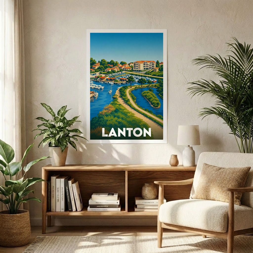Affiche souvenir de la ville de Lanton avec une illustration stylisée de son port et de son littoral.
