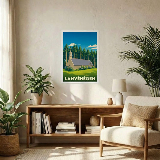 Affiche souvenir de la ville de Lanvénégen représentant une chapelle bretonne dans un style graphique épuré.
