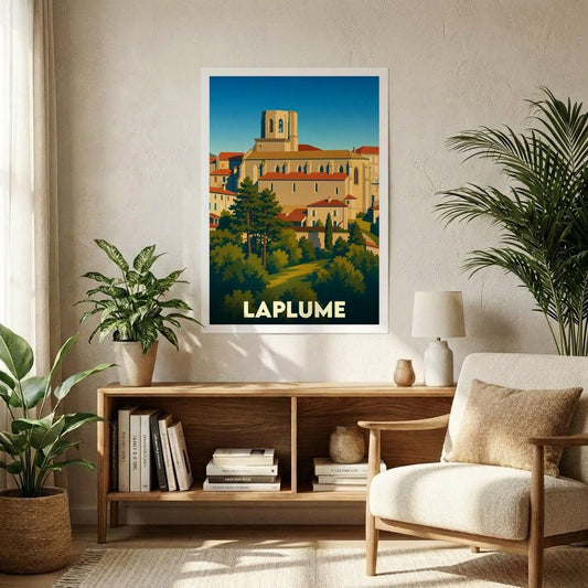 Affiche souvenir de la ville de Laplume avec une illustration stylisée.