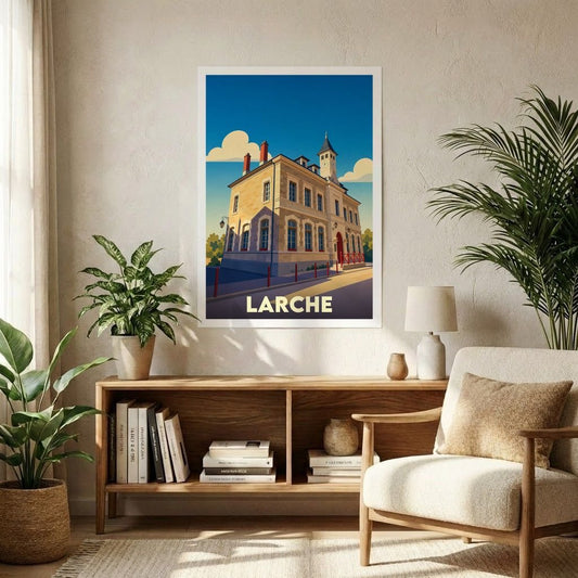 Affiche souvenir de la ville de Larche avec une illustration stylisée d'un bâtiment emblématique.