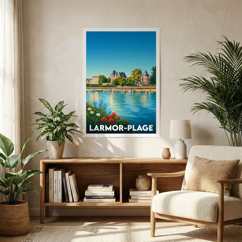 Affiche souvenir de la ville de Larmor-Plage représentant une illustration stylisée de son front de mer et de son port.