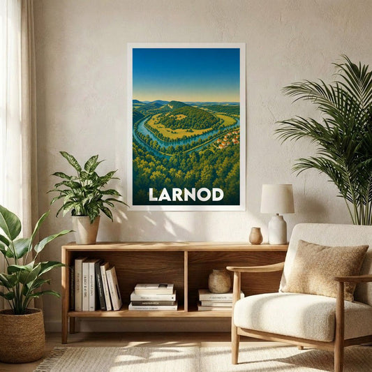Affiche souvenir de la ville de Larnod avec une illustration stylisée d'un méandre de rivière serpentant à travers un paysage boisé.