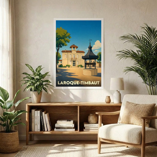 Affiche souvenir de la ville de Laroque-Timbaut avec une illustration stylisée de sa place centrale.
