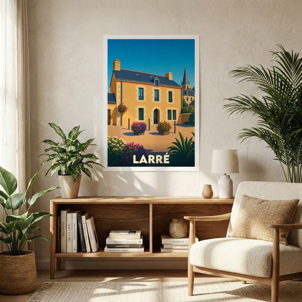 Affiche souvenir de la ville de Larré avec une illustration stylisée d'un bâtiment typique et fleuri.