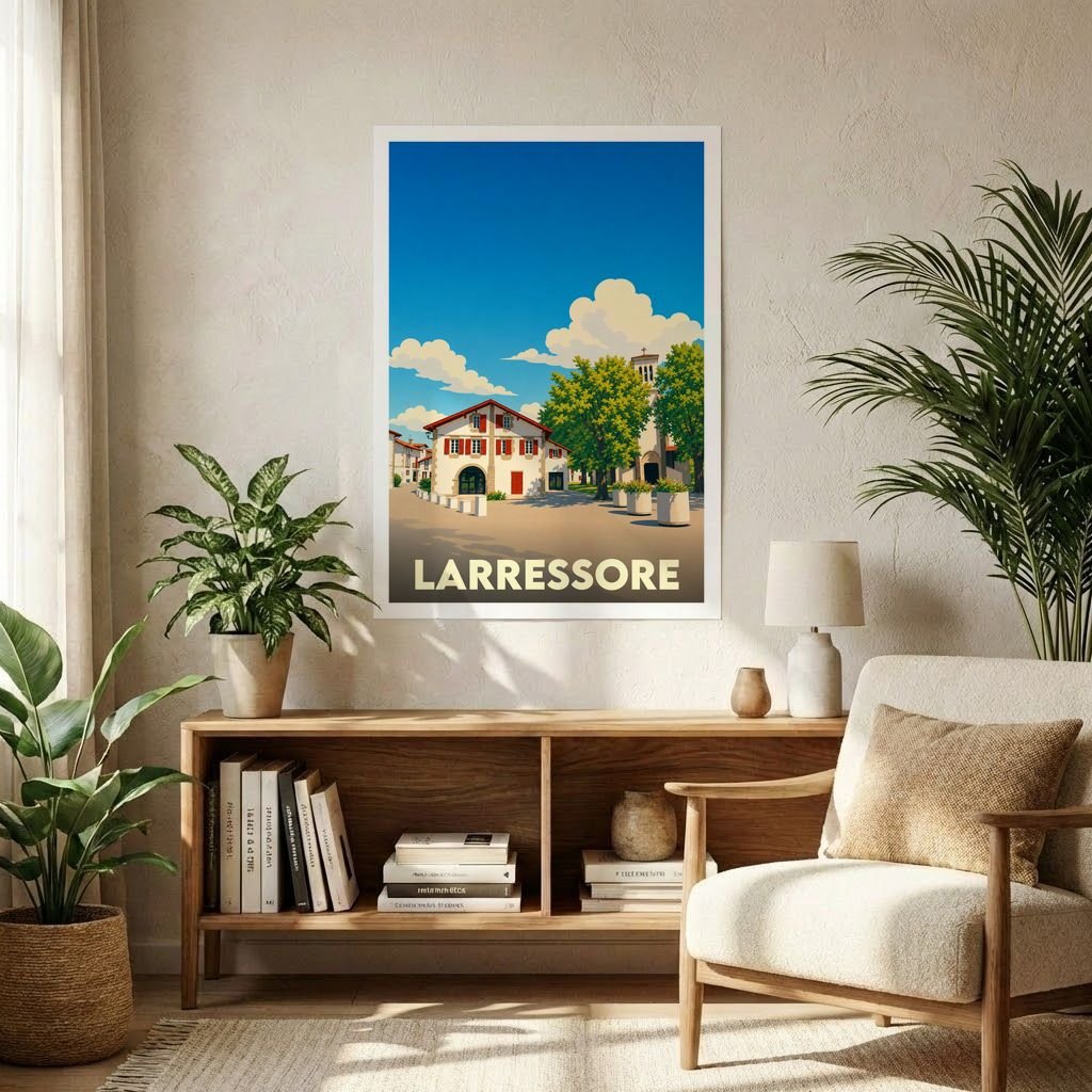 Affiche souvenir de la ville de Larressore avec une illustration stylisée et colorée.