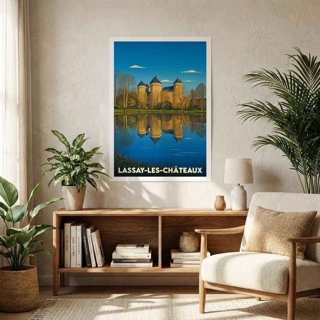 Affiche souvenir de la ville de Lassay-les-Châteaux avec une illustration stylisée du château se reflétant dans l'eau.
