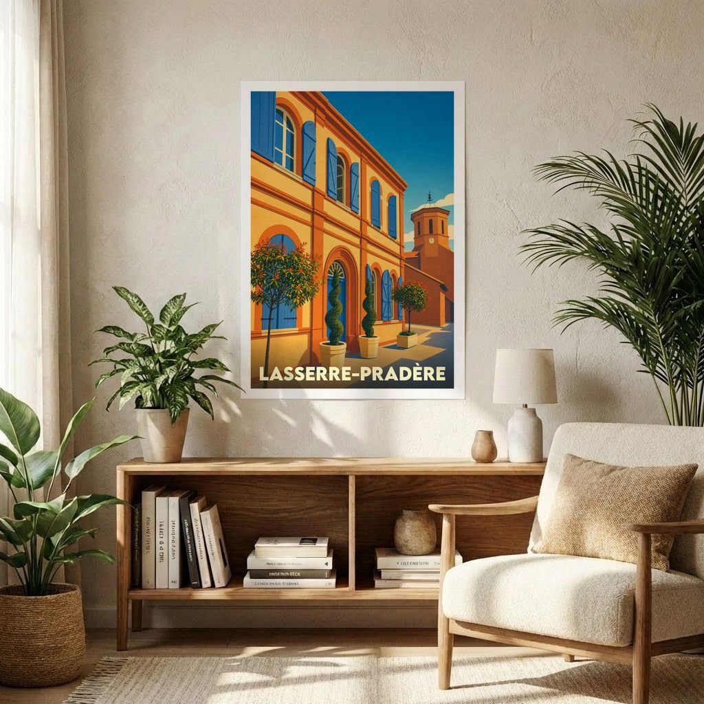 Affiche souvenir de la ville de Lasserre-Pradère avec une illustration stylisée et colorée de son architecture.