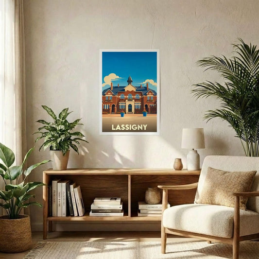Affiche souvenir de la ville de Lassigny avec une illustration stylisée d'un bâtiment emblématique.