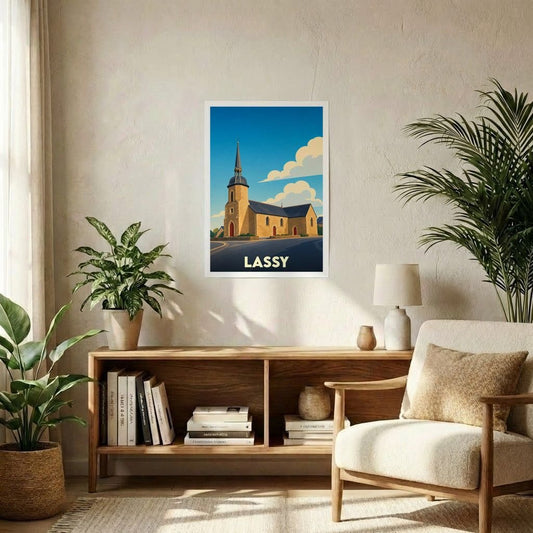 Affiche souvenir de la ville de Lassy avec une illustration stylisée de son église sous un ciel bleu.