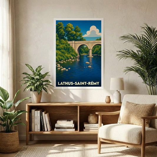 Affiche souvenir de la ville de Lathus-Saint-Rémy illustrant un pont de pierre enjambant une rivière dans un style graphique épuré.