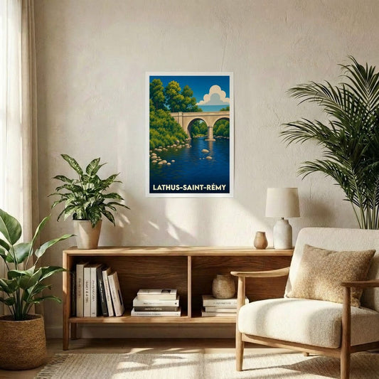 Affiche souvenir de la ville de Lathus-Saint-Rémy représentant un pont en pierre enjambant une rivière dans un style graphique épuré.