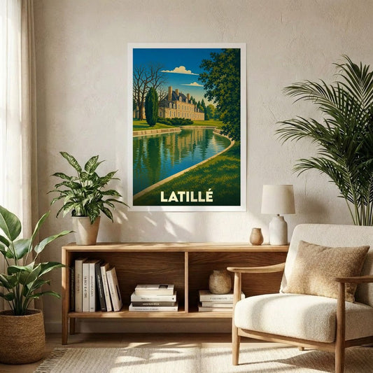 Affiche souvenir de la ville de Latillé avec une illustration stylisée d'un château se reflétant dans l'eau.