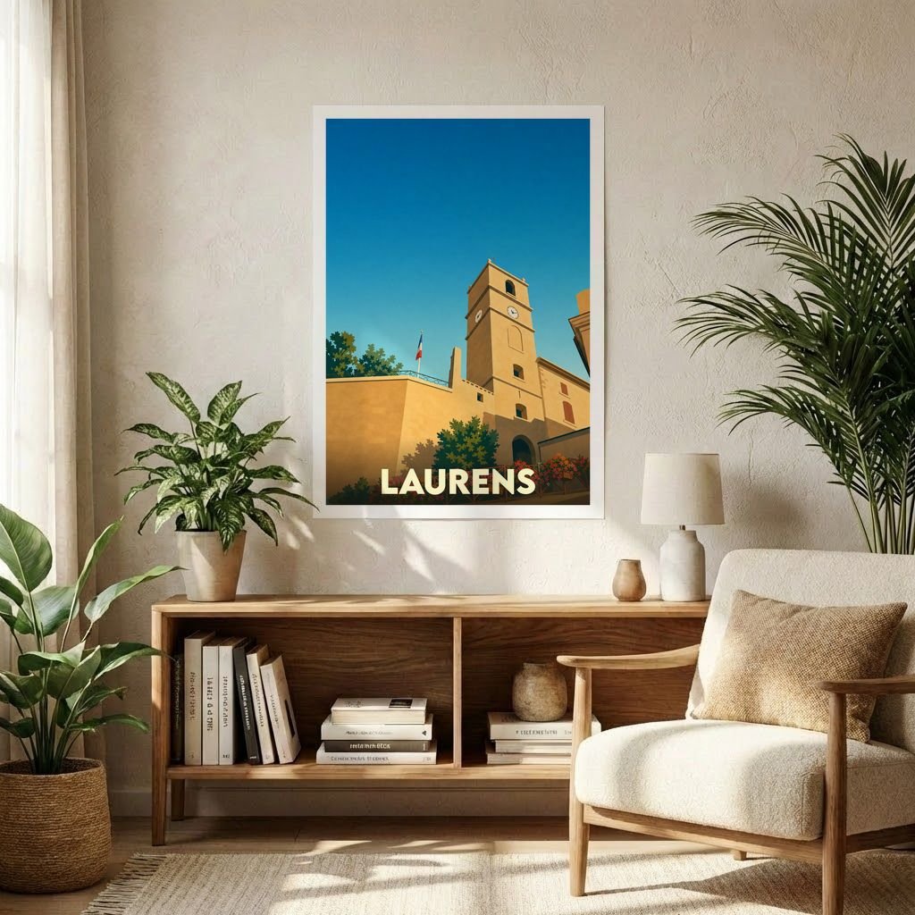 Affiche souvenir de la ville de Laurens avec une illustration stylisée de son architecture emblématique sous un ciel bleu.
