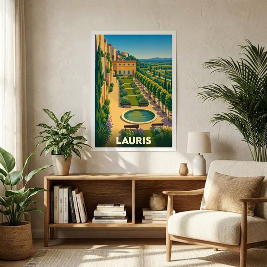 Affiche souvenir de la ville de Lauris représentant ses jardins avec une illustration stylisée et colorée.