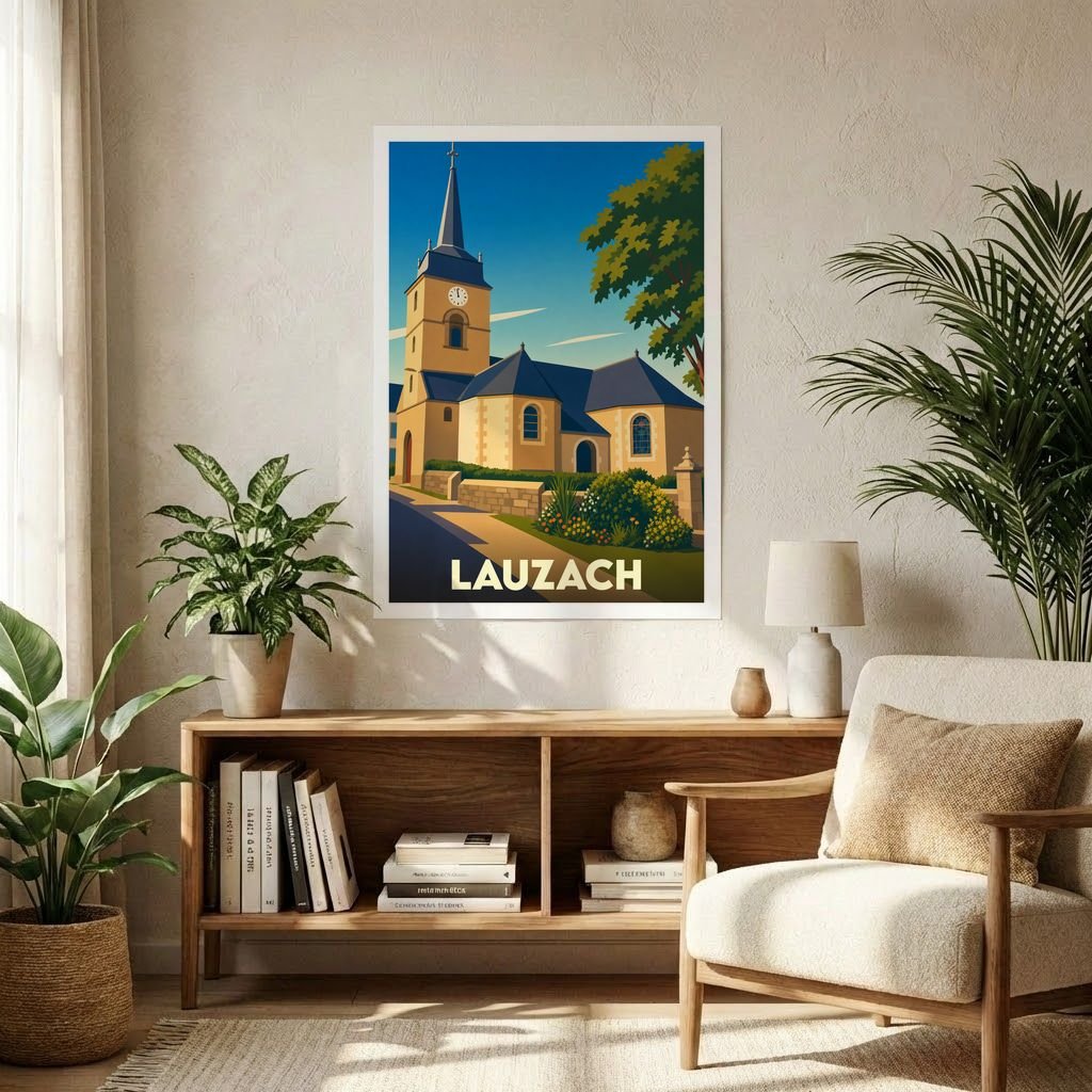 Affiche souvenir de la ville de Lauzach représentant son église dans un style illustré rétro.