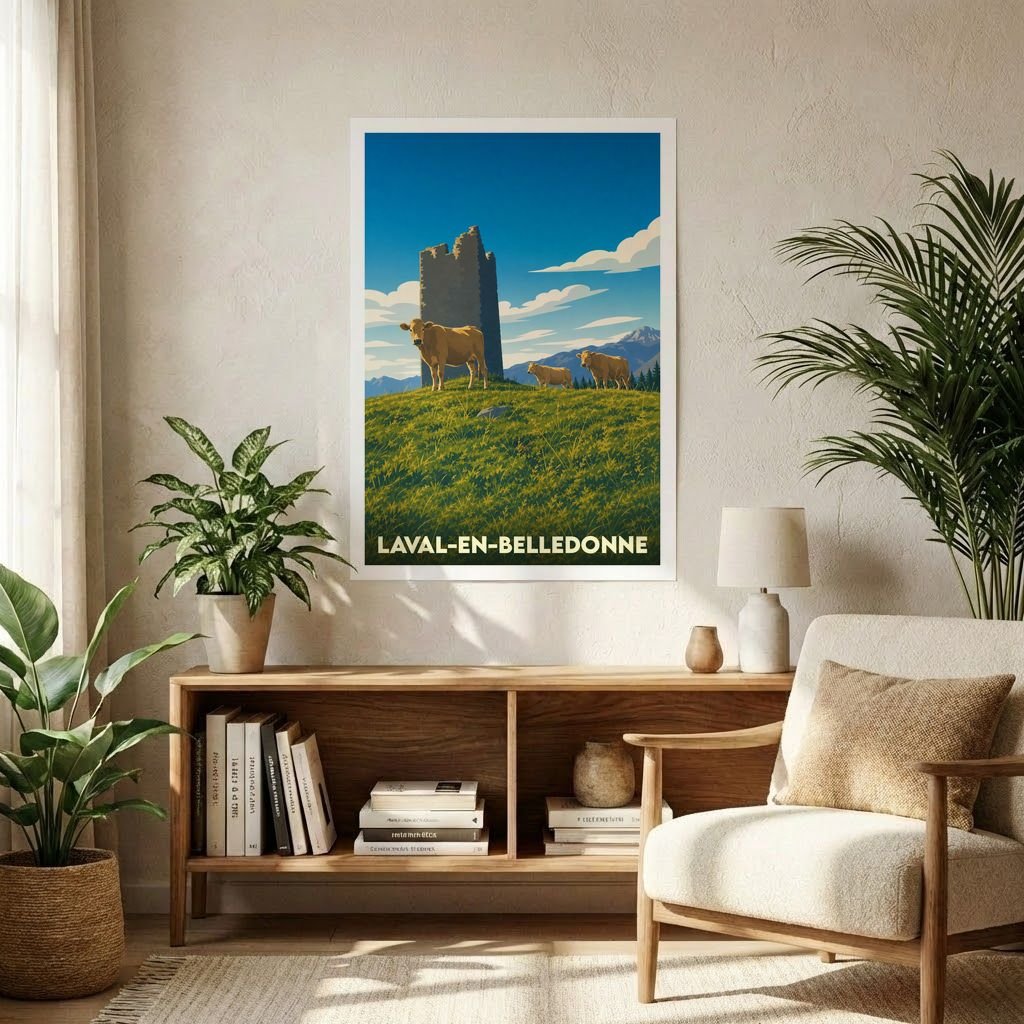 Affiche souvenir de la ville de Laval-en-Belledonne avec une illustration stylisée montrant des vaches devant une tour en ruine.