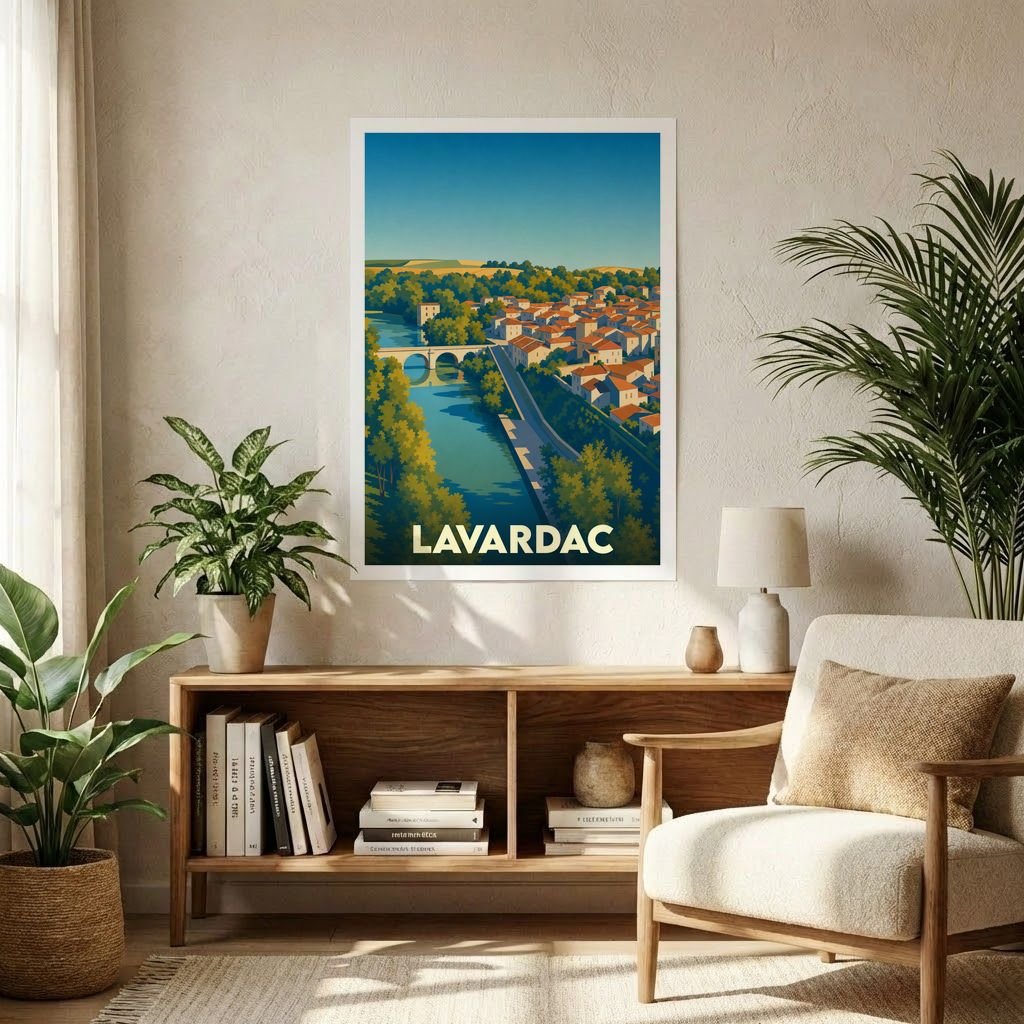 Affiche souvenir de la ville de Lavardac avec une illustration paysagère stylisée.