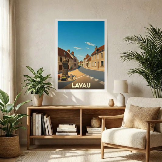 Affiche souvenir de la ville de Lavau présentant une illustration stylisée d'une rue ensoleillée.