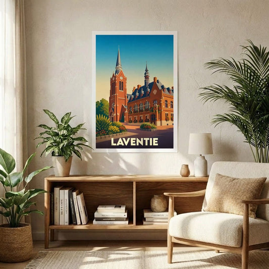 Affiche souvenir de la ville de Laventie avec une illustration stylisée de son architecture traditionnelle.