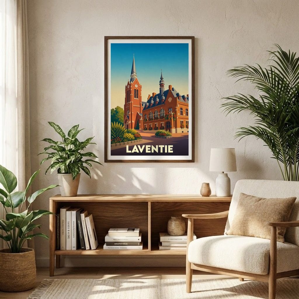 Affiche souvenir de la ville de Laventie avec une illustration stylisée de son église et de son hôtel de ville.