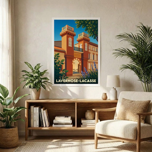 Affiche souvenir de la ville de Lavernose-Lacasse représentant une illustration stylisée de son architecture emblématique.