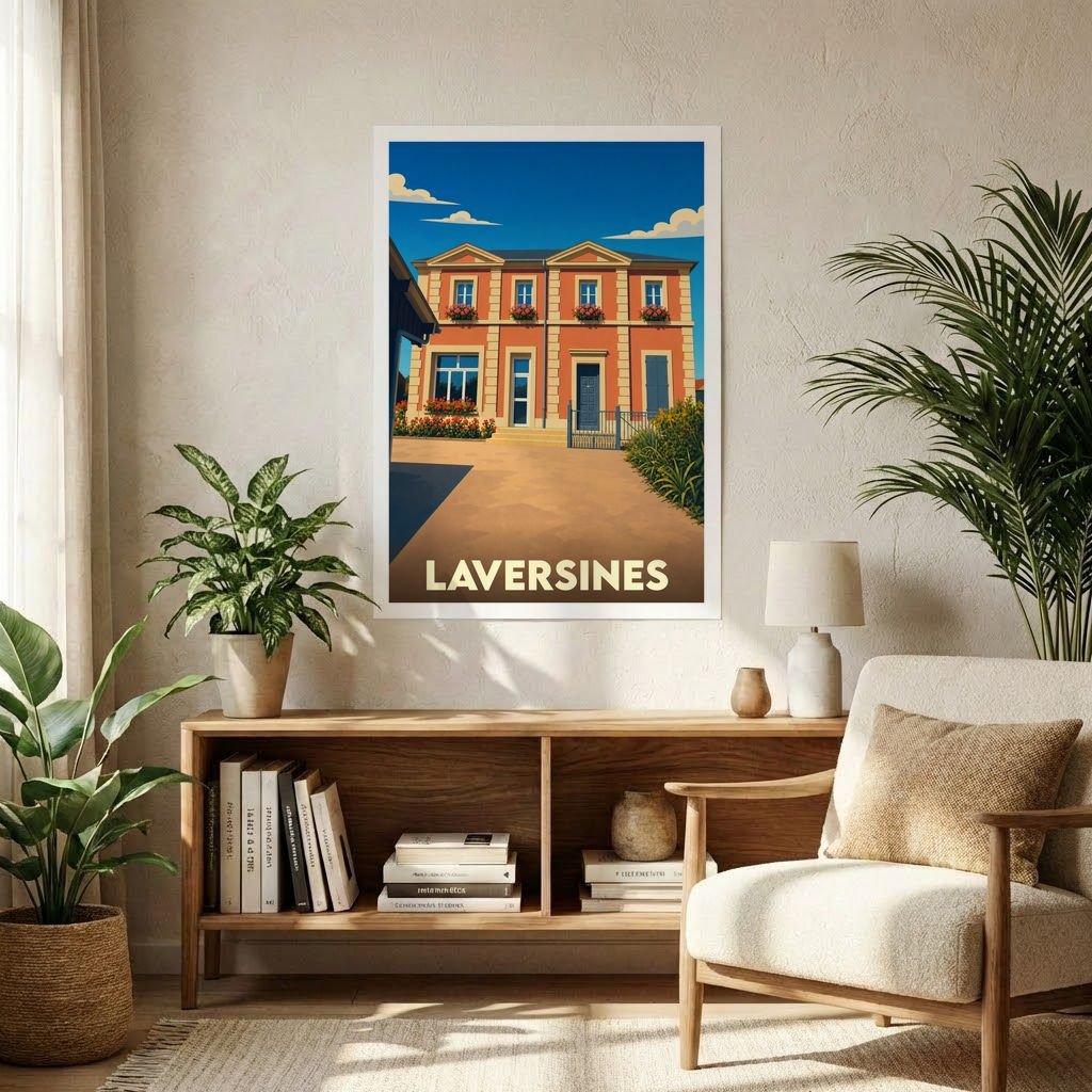 Affiche souvenir de la ville de Laversines représentant son hôtel de ville dans un style graphique rétro.