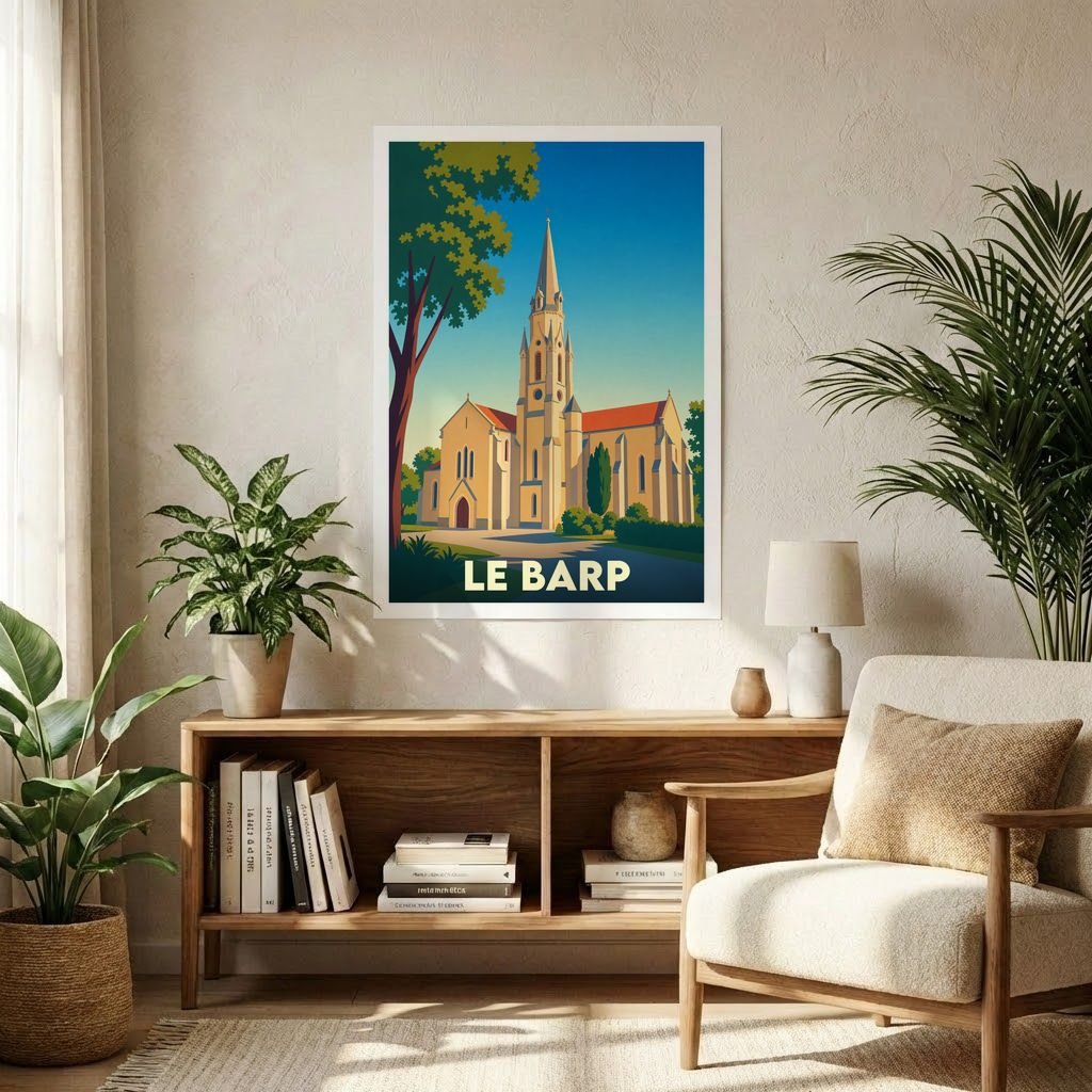 Affiche souvenir de la ville de Le Barp avec une illustration stylisée de son église.