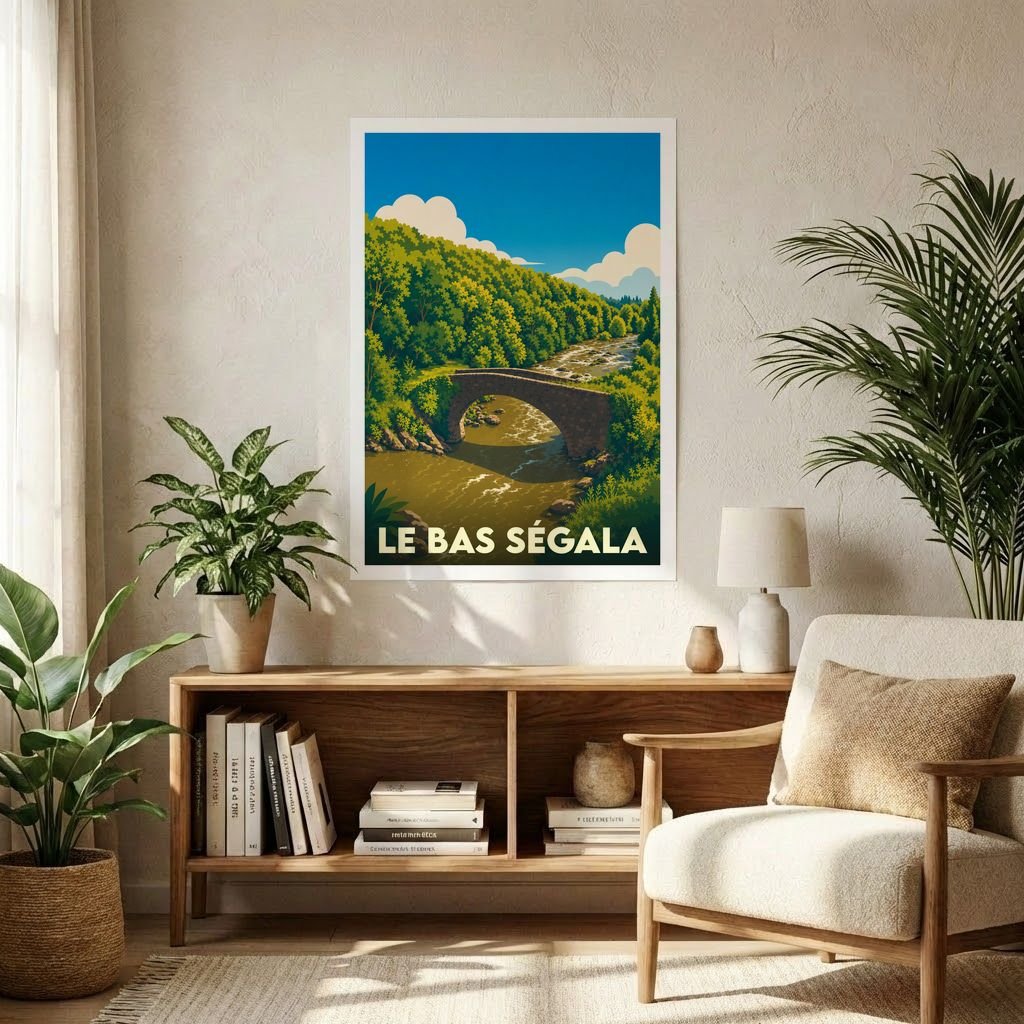 Affiche souvenir de la ville de Le Bas Ségala avec une illustration stylisée d'un pont en pierre surplombant une rivière.