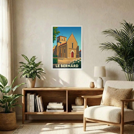 Affiche souvenir de la ville de Le Bernard représentant son église dans un style graphique épuré.